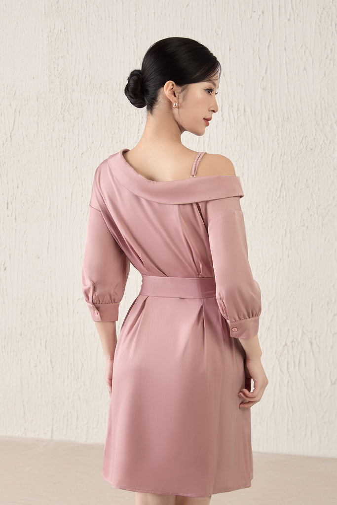 Crystal Sateen Asymmetrical Collar Dress - Rose Gold [XS/S/M/L/XL]