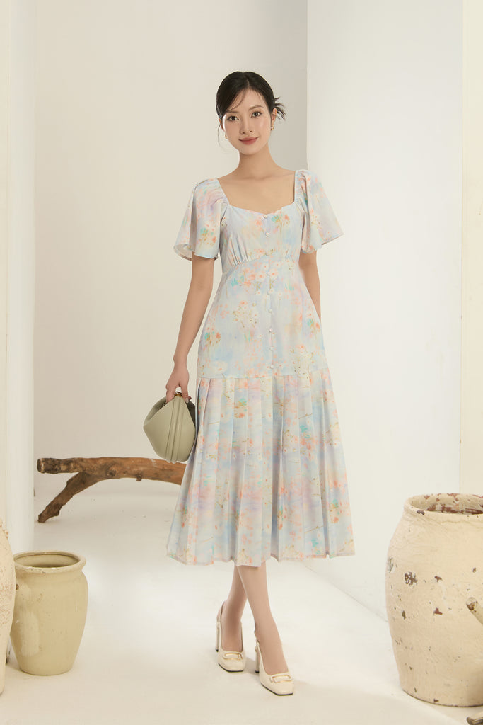 Song Of Spring Floral Pleated Buttons Dress - Light Blue [XS/S/M/L/XL/XXL]