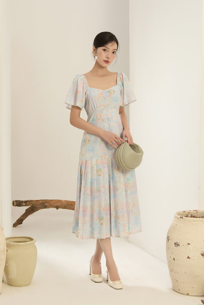 Song Of Spring Floral Pleated Buttons Dress - Light Blue [XS/S/M/L/XL/XXL]