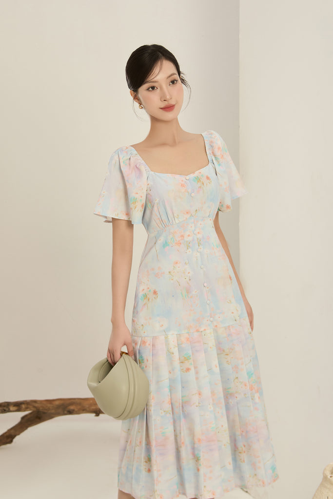 Song Of Spring Floral Pleated Buttons Dress - Light Blue [XS/S/M/L/XL/XXL]