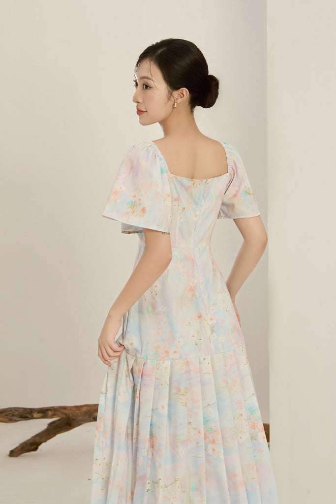 Song Of Spring Floral Pleated Buttons Dress - Light Blue [XS/S/M/L/XL/XXL]