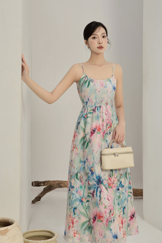 Bianca Padded Watercolour Strap Back Maxi Dress - Vibrant [XS/S/M/L/XL/XXL]