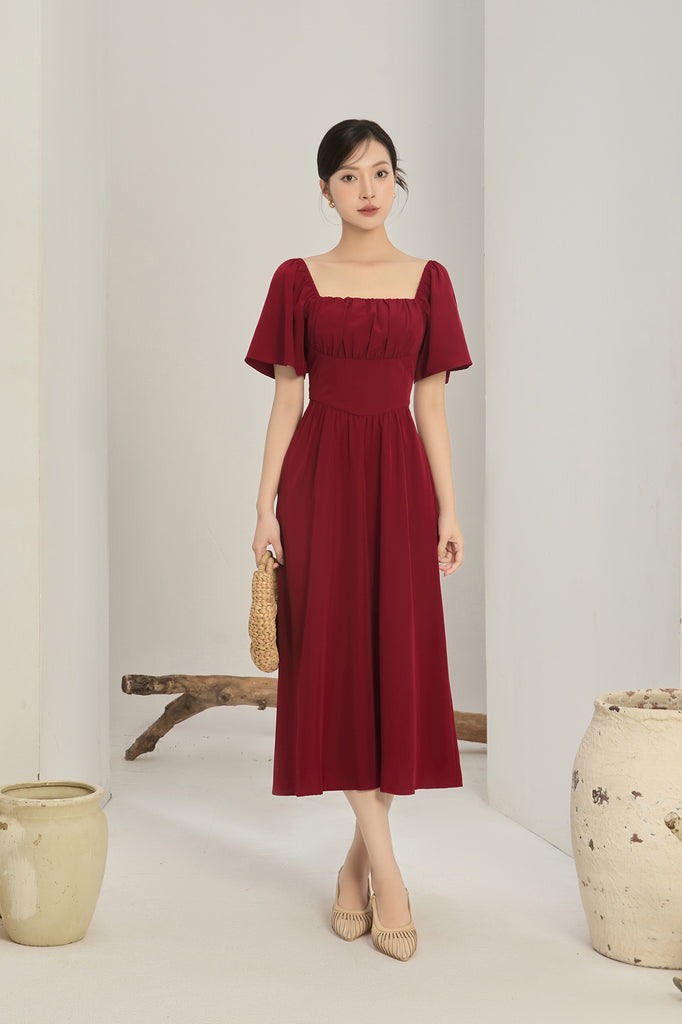 Lucy Flutter Sleeves Corset Midi Dress - Wine [XS/S/M/L/XL/XXL]