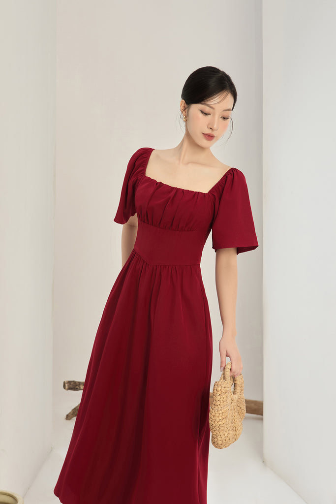 Lucy Flutter Sleeves Corset Midi Dress - Wine [XS/S/M/L/XL/XXL]