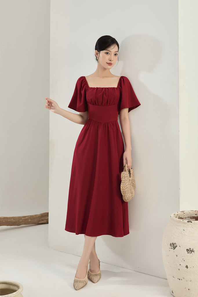 Lucy Flutter Sleeves Corset Midi Dress - Wine [XS/S/M/L/XL/XXL]