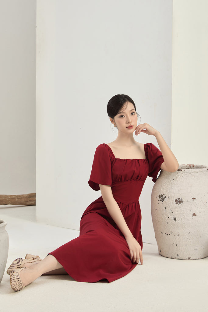 Lucy Flutter Sleeves Corset Midi Dress - Wine [XS/S/M/L/XL/XXL]