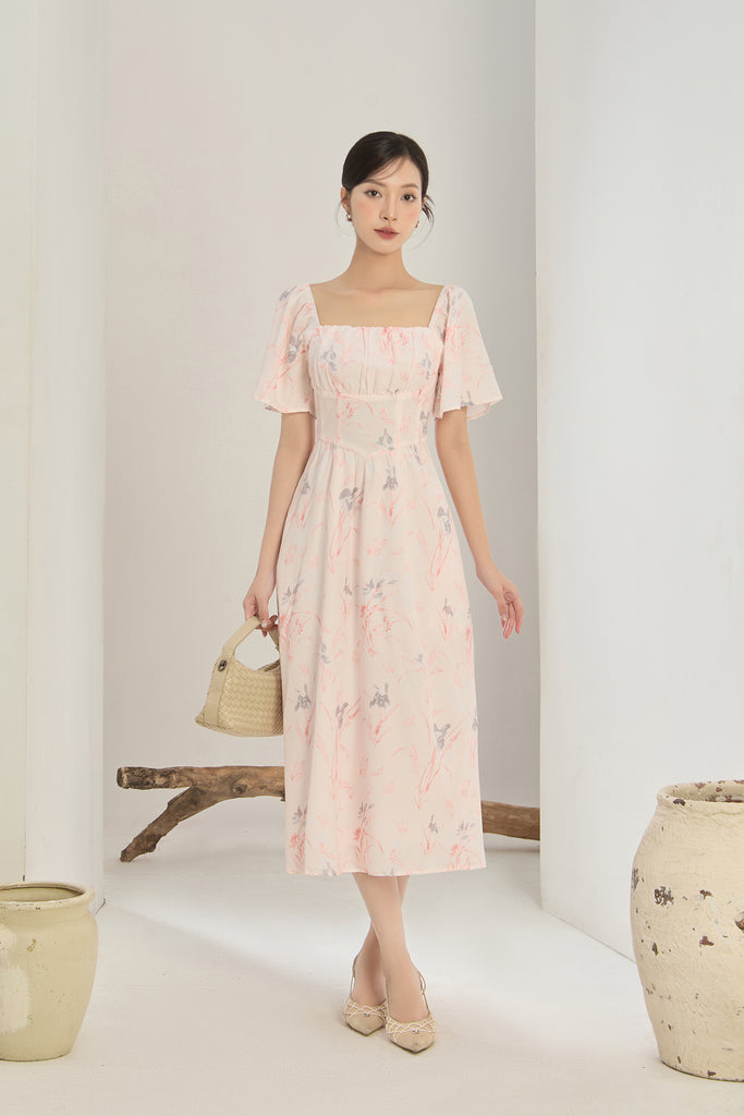 Lucy Flutter Sleeves Corset Midi Dress - Pink Floral [XS/S/M/L/XL/XXL]