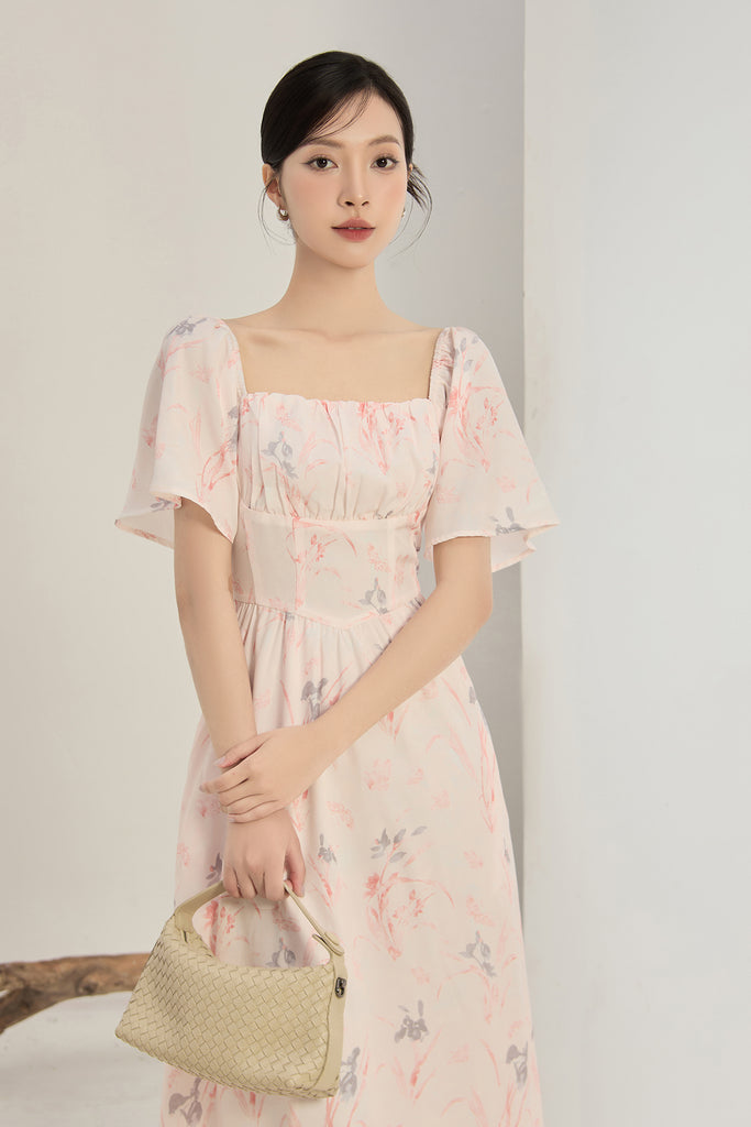 Lucy Flutter Sleeves Corset Midi Dress - Pink Floral [XS/S/M/L/XL/XXL]