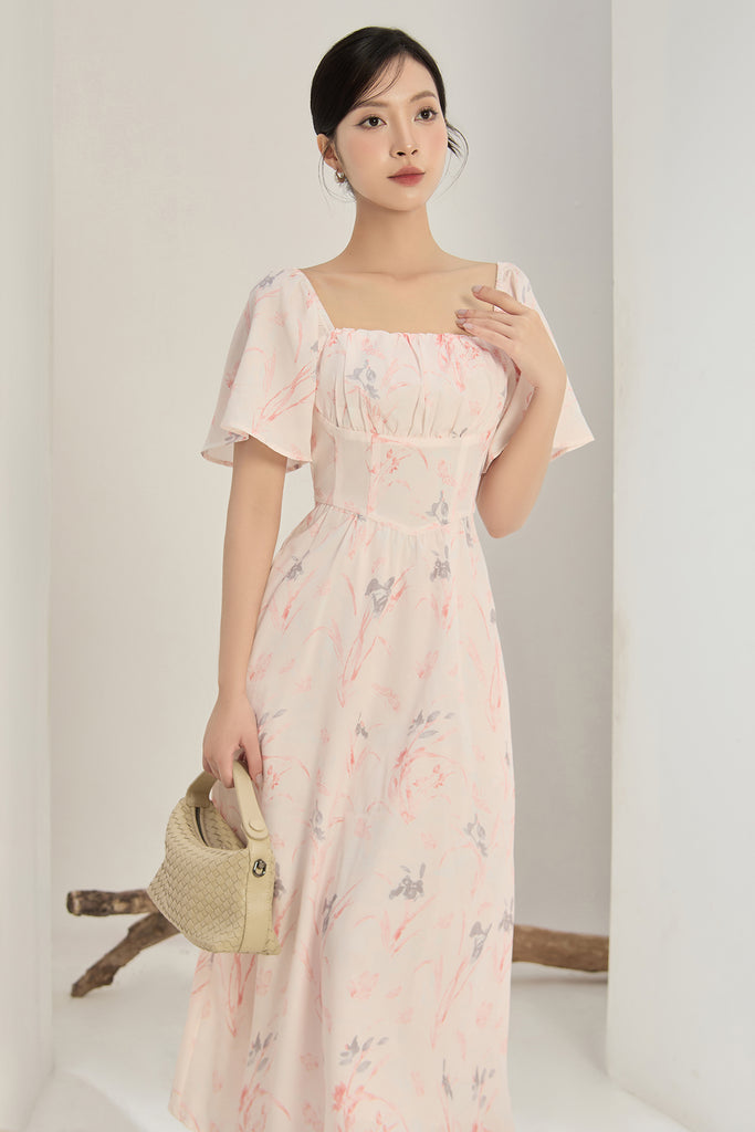 Lucy Flutter Sleeves Corset Midi Dress - Pink Floral [XS/S/M/L/XL/XXL]