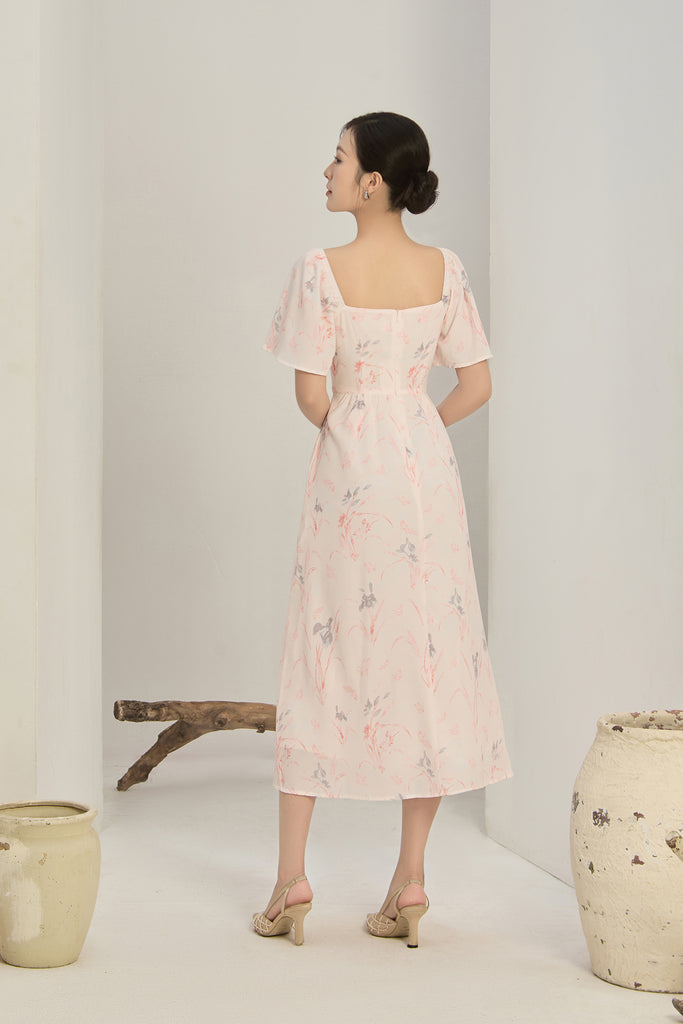 Lucy Flutter Sleeves Corset Midi Dress - Pink Floral [XS/S/M/L/XL/XXL]