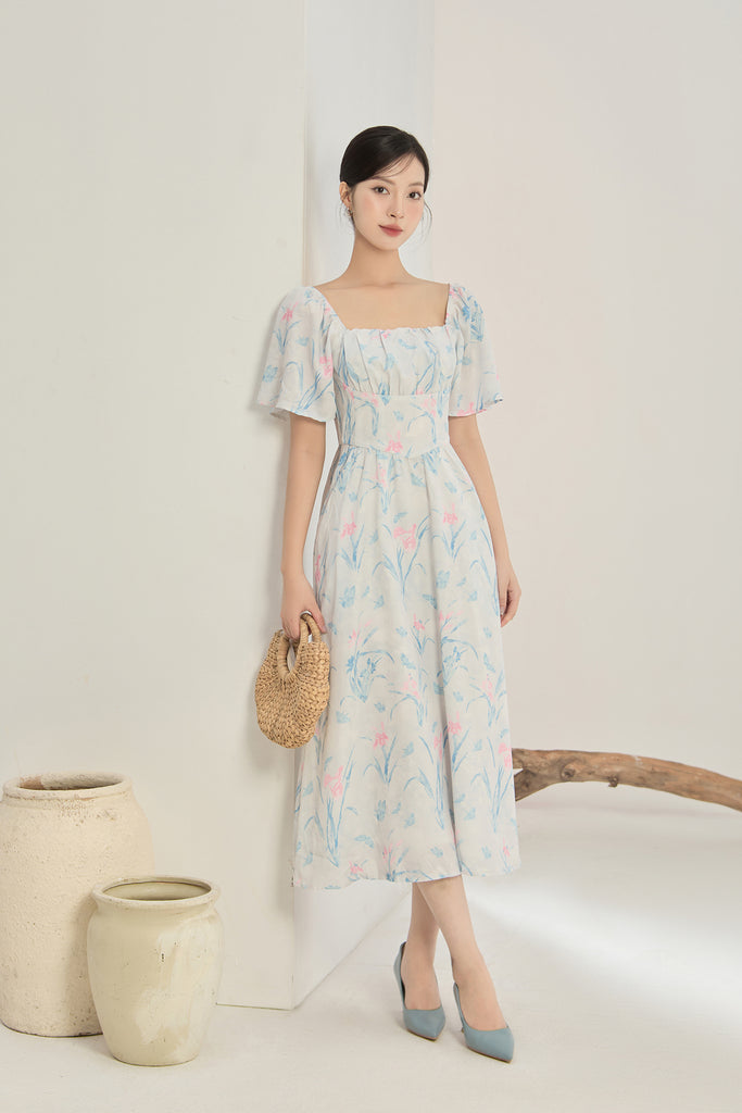 Lucy Flutter Sleeves Corset Midi Dress - Blue Floral [XS/S/M/L/XL/XXL]