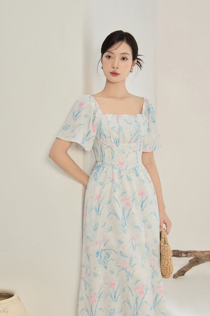 Lucy Flutter Sleeves Corset Midi Dress - Blue Floral [XS/S/M/L/XL/XXL]