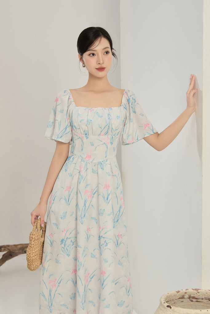 Lucy Flutter Sleeves Corset Midi Dress - Blue Floral [XS/S/M/L/XL/XXL]