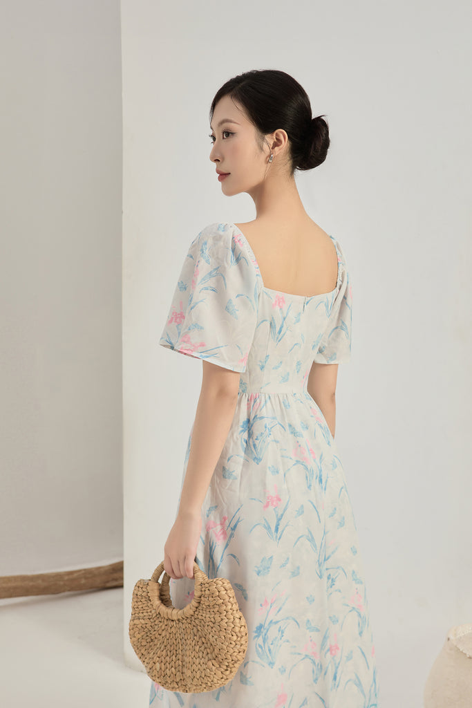 Lucy Flutter Sleeves Corset Midi Dress - Blue Floral [XS/S/M/L/XL/XXL]