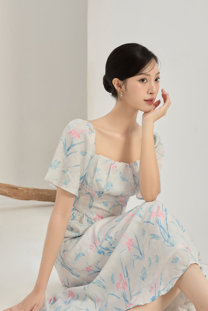 Lucy Flutter Sleeves Corset Midi Dress - Blue Floral [XS/S/M/L/XL/XXL]