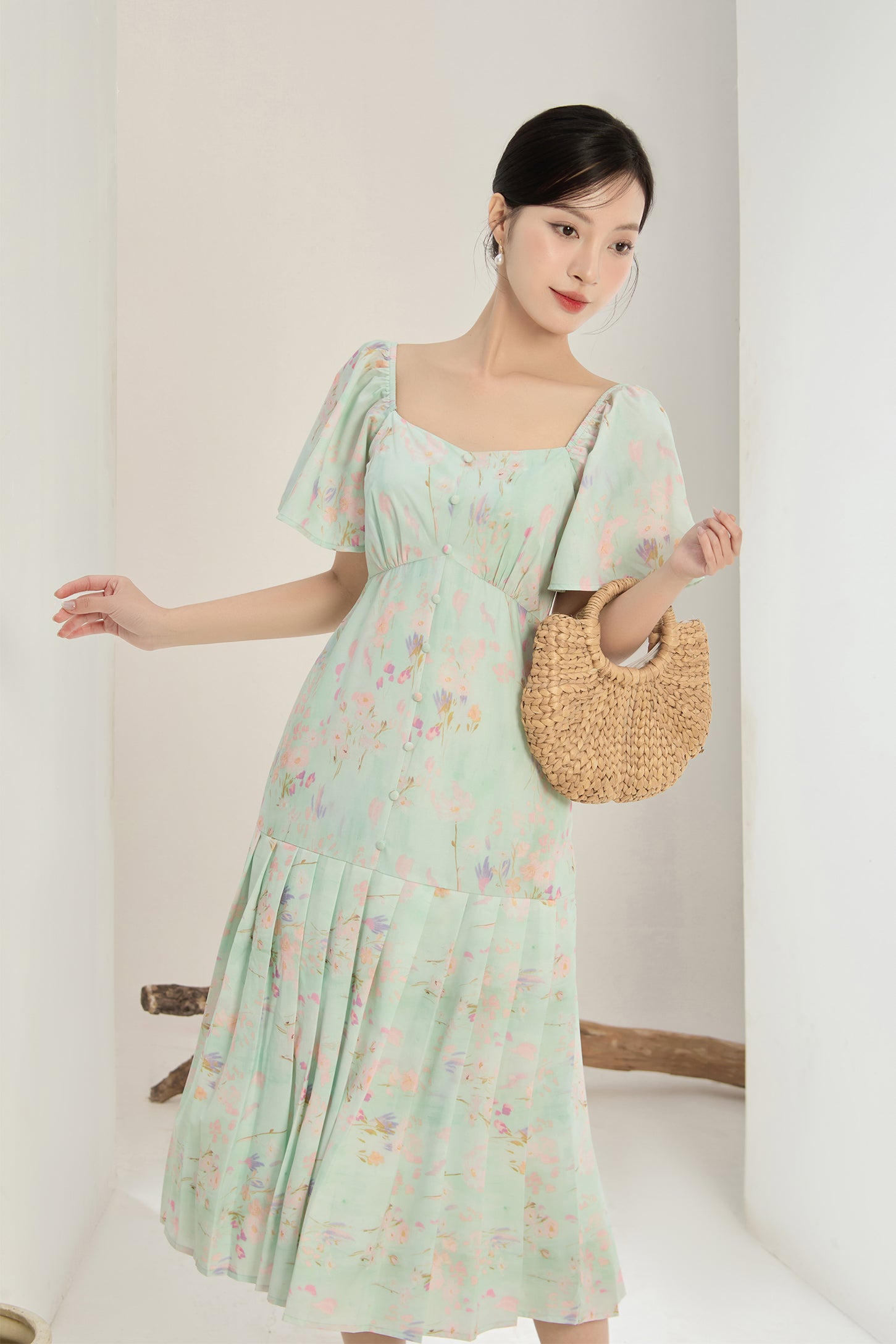 Song Of Spring Floral Pleated Buttons Dress - Green [XS/S/M