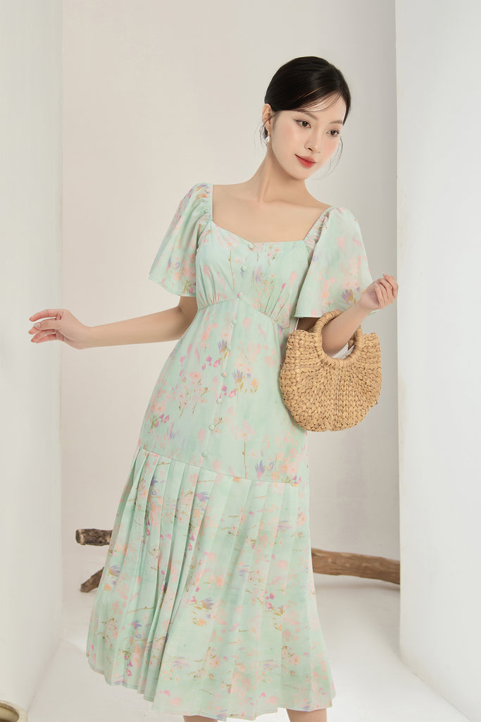 Song Of Spring Floral Pleated Buttons Dress - Green [XS/S/M/L/XL/XXL]