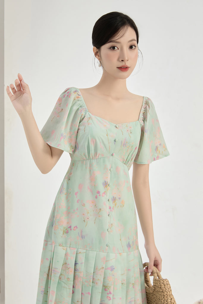 Song Of Spring Floral Pleated Buttons Dress - Green [XS/S/M/L/XL/XXL]