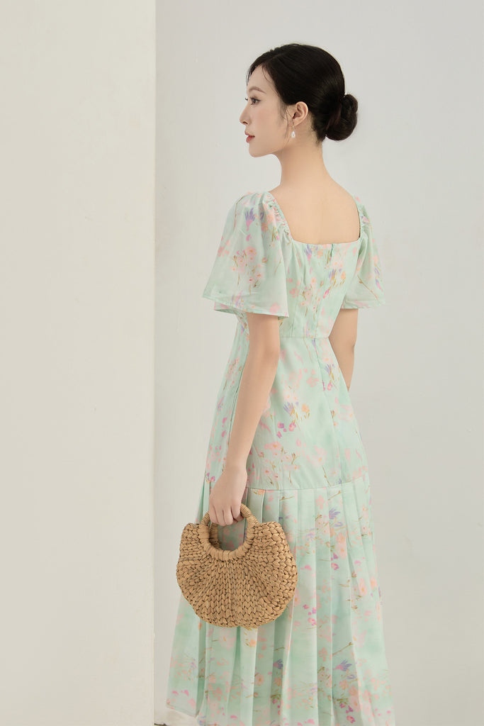 Song Of Spring Floral Pleated Buttons Dress - Green [XS/S/M/L/XL/XXL]