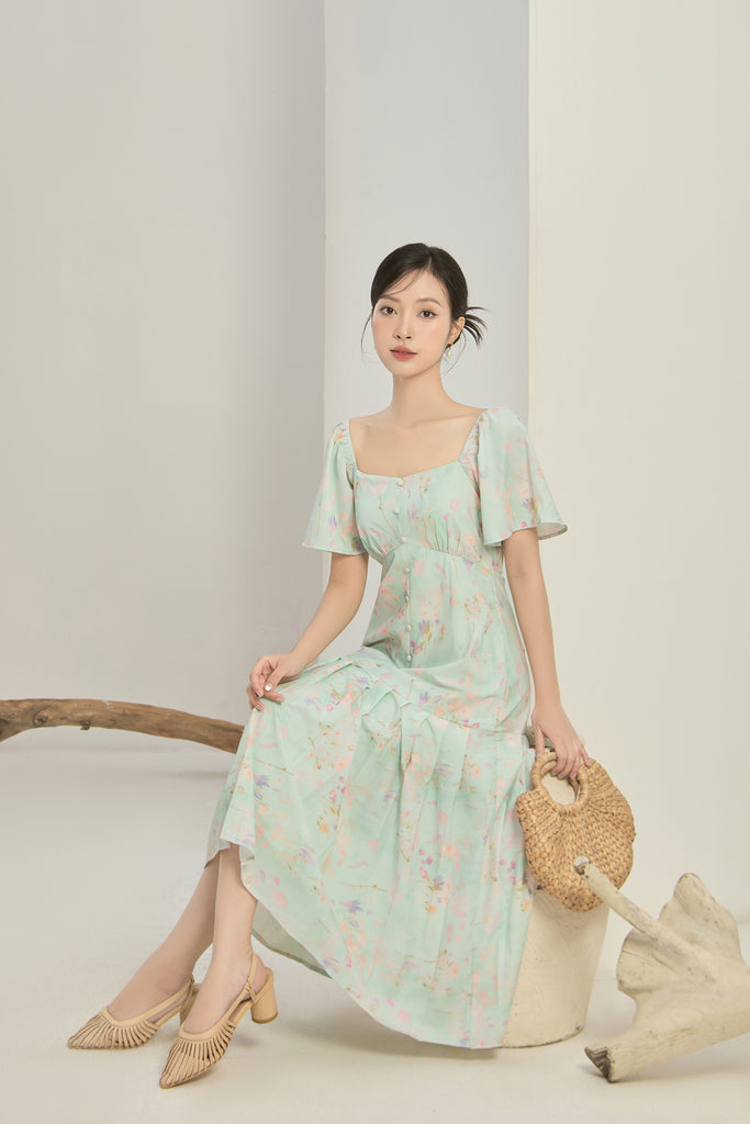 Song Of Spring Floral Pleated Buttons Dress - Green [XS/S/M/L/XL/XXL]