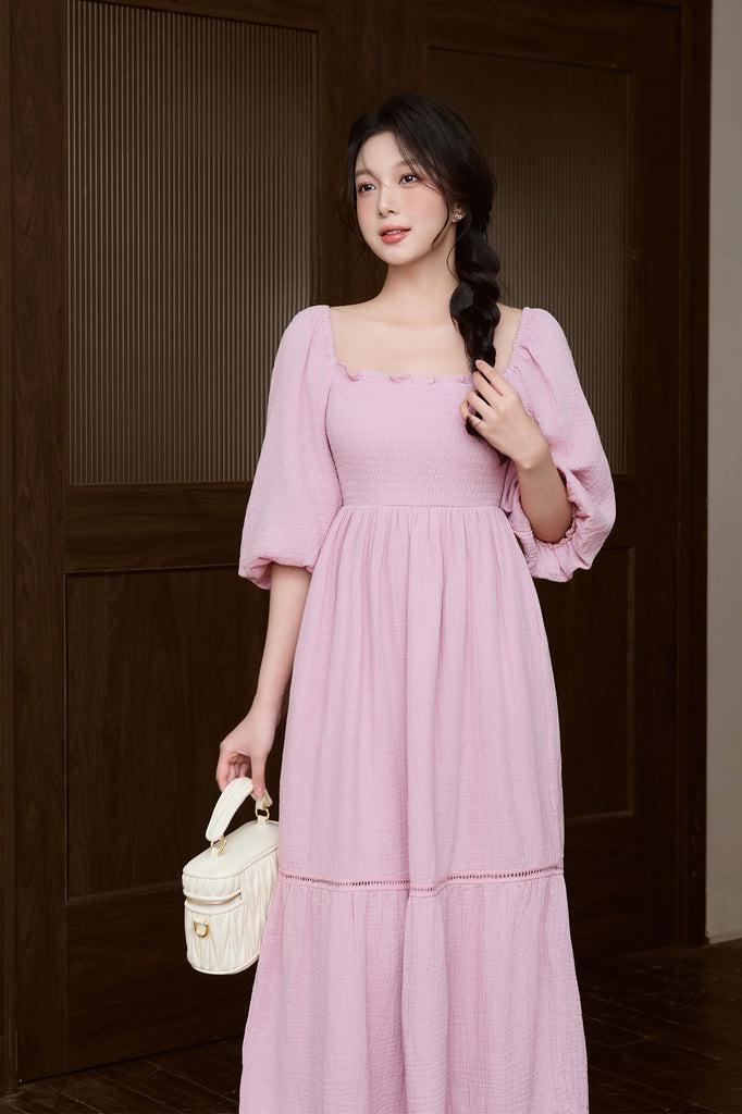 Anne Cotton Smocked Dress - Pink [XS/S/M/L/XL/XXL]
