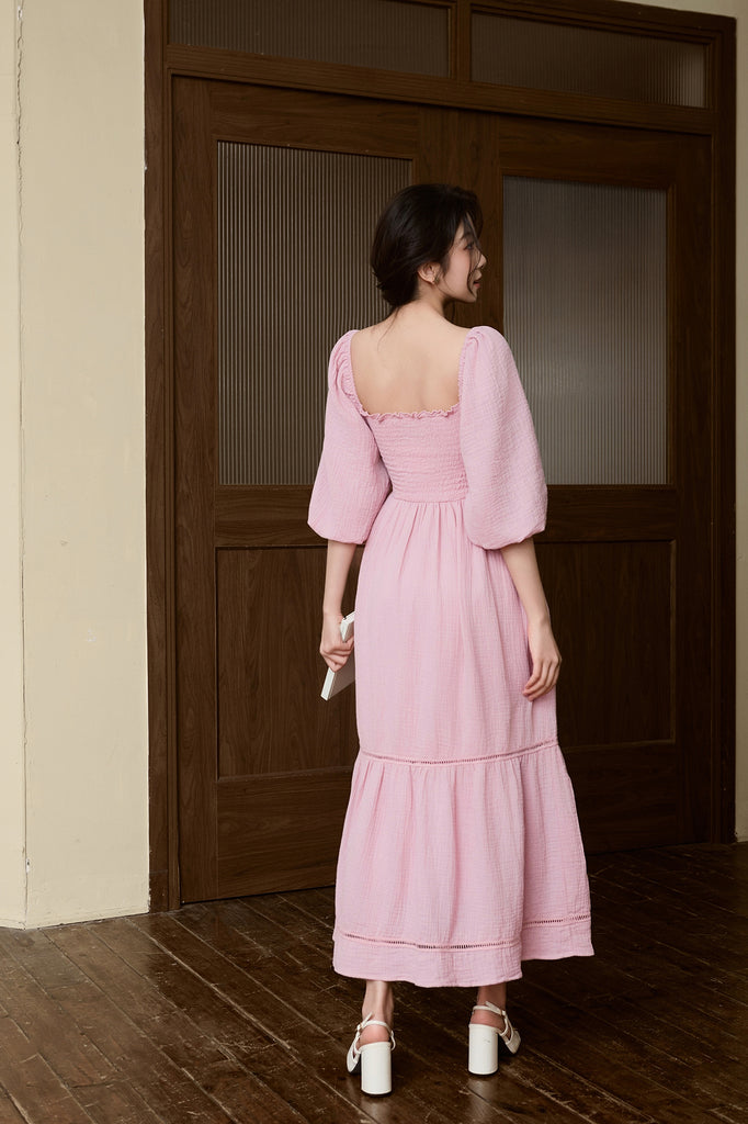 Anne Cotton Smocked Dress - Pink [XS/S/M/L/XL/XXL]