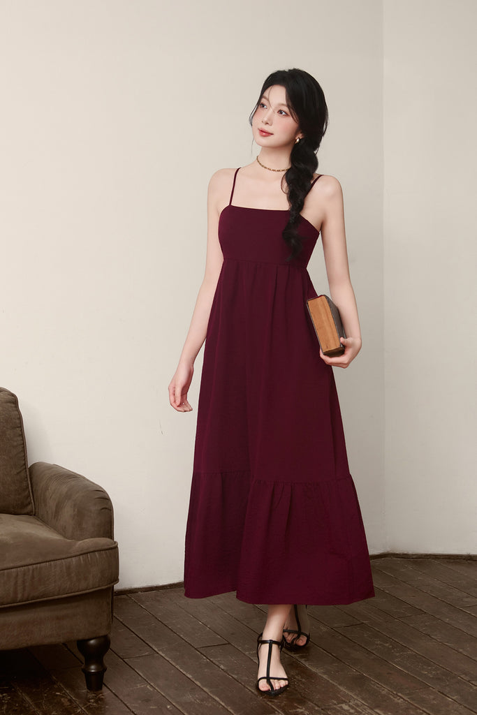 Dahlia Spaghetti Ruffle Hem Dress - Burgundy [XS/S/M/L/XL/XXL]