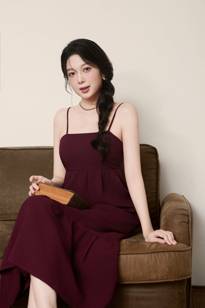Dahlia Spaghetti Ruffle Hem Dress - Burgundy [XS/S/M/L/XL/XXL]