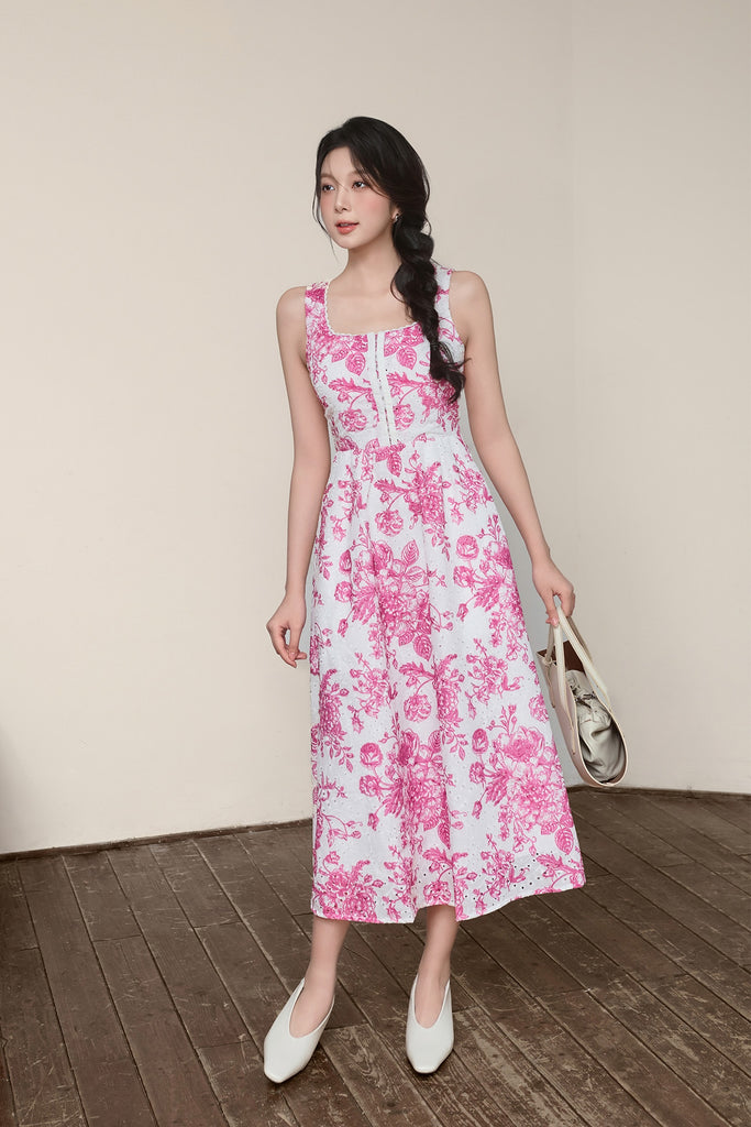 Luciana Porcelain Eyelet Corset Midi Dress - Red [XS/S/M/L/XL/XXL]