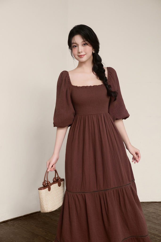 Anne Cotton Smocked Dress - Espresso Brown [XS/S/M/L/XL/XXL]