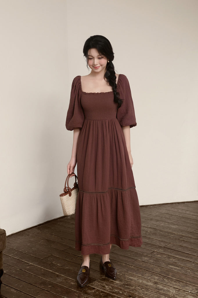 Anne Cotton Smocked Dress - Espresso Brown [XS/S/M/L/XL/XXL]
