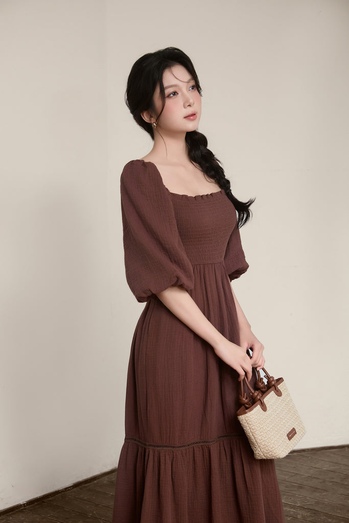 Anne Cotton Smocked Dress - Espresso Brown [XS/S/M/L/XL/XXL]