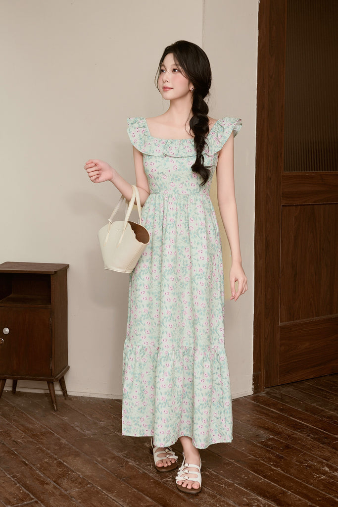Celine Ruffle Square Neck Maxi Dress - Green Floral [XS/S/M/L/XL/XXL]