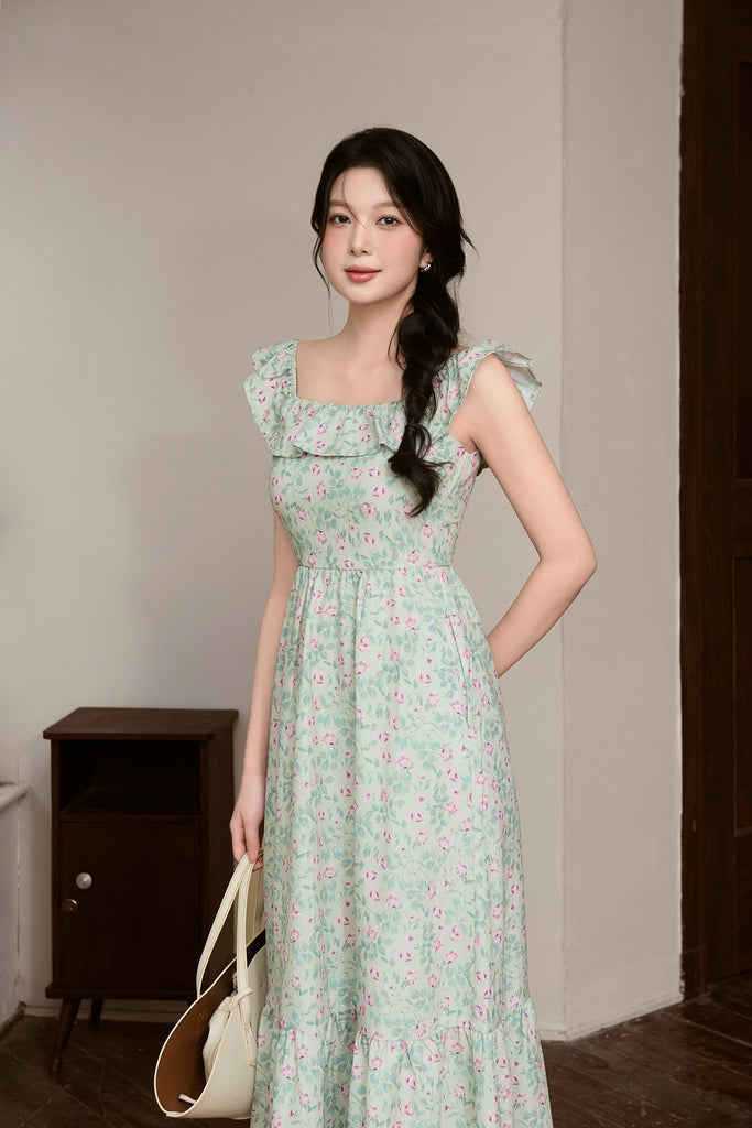 Celine Ruffle Square Neck Maxi Dress - Green Floral [XS/S/M/L/XL/XXL]