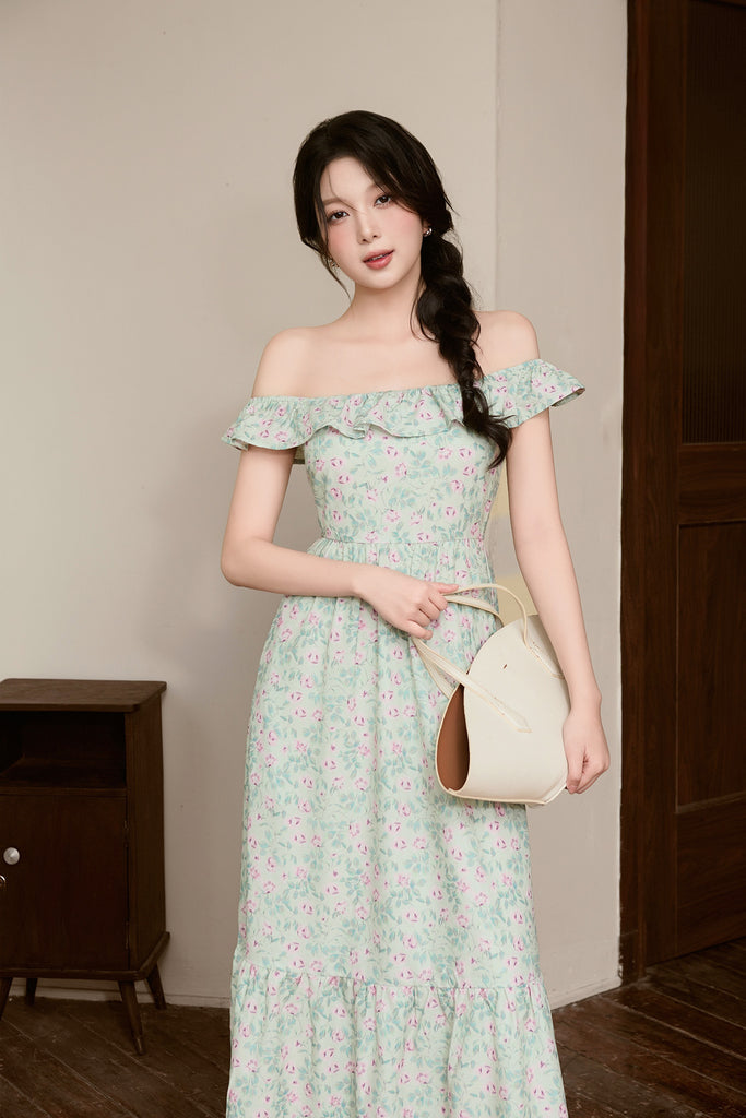 Celine Ruffle Square Neck Maxi Dress - Green Floral [XS/S/M/L/XL/XXL]