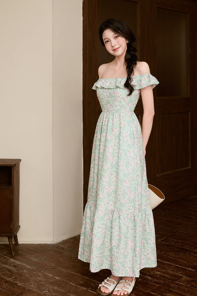 Celine Ruffle Square Neck Maxi Dress - Green Floral [XS/S/M/L/XL/XXL]