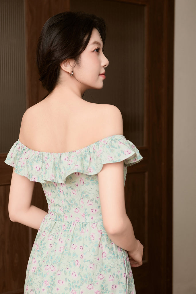 Celine Ruffle Square Neck Maxi Dress - Green Floral [XS/S/M/L/XL/XXL]