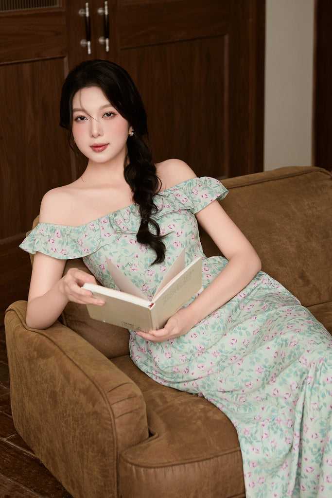 Celine Ruffle Square Neck Maxi Dress - Green Floral [XS/S/M/L/XL/XXL]