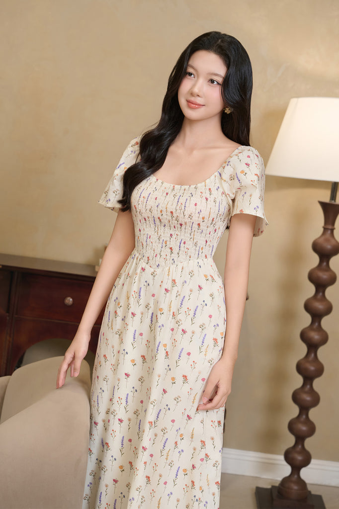 Meadow Whisper V-waist Smocked Dress - Flower Stalk [XS/S/M/L/XL/2XL/3XL]