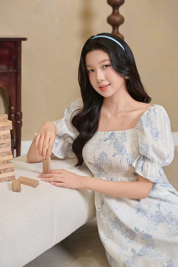 Fleur de Brume Lattice Smocked Dress - Blue [XS/S/M/L/XL/2XL/3XL]