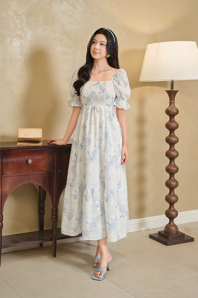 Fleur de Brume Lattice Smocked Dress - Blue [XS/S/M/L/XL/2XL/3XL]