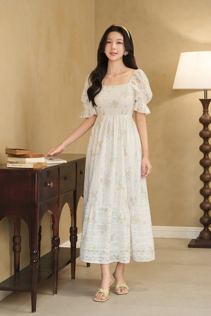 Celeste Bloom Lattice Smocked Dress - Yellow Floral [XS/S/M/L/XL/2XL/3XL]