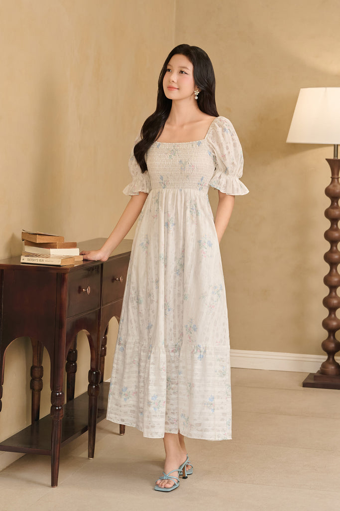 Celeste Bloom Lattice Smocked Dress - Blue Floral [XS/S/M/L/XL/2XL/3XL]