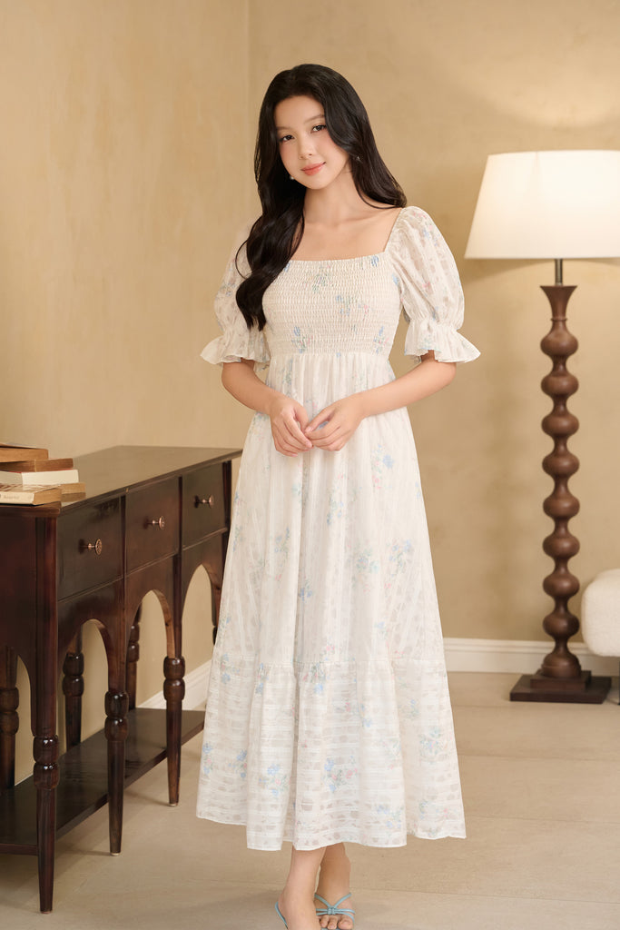 Celeste Bloom Lattice Smocked Dress - Blue Floral [XS/S/M/L/XL/2XL/3XL]