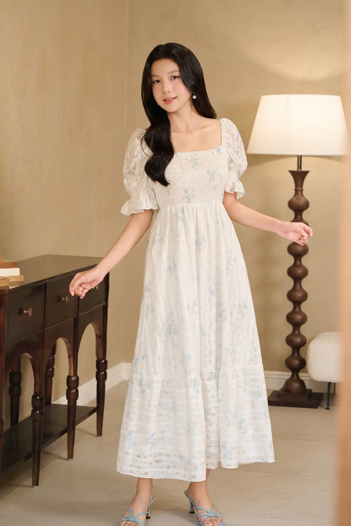 Celeste Bloom Lattice Smocked Dress - Blue Floral [XS/S/M/L/XL/2XL/3XL]