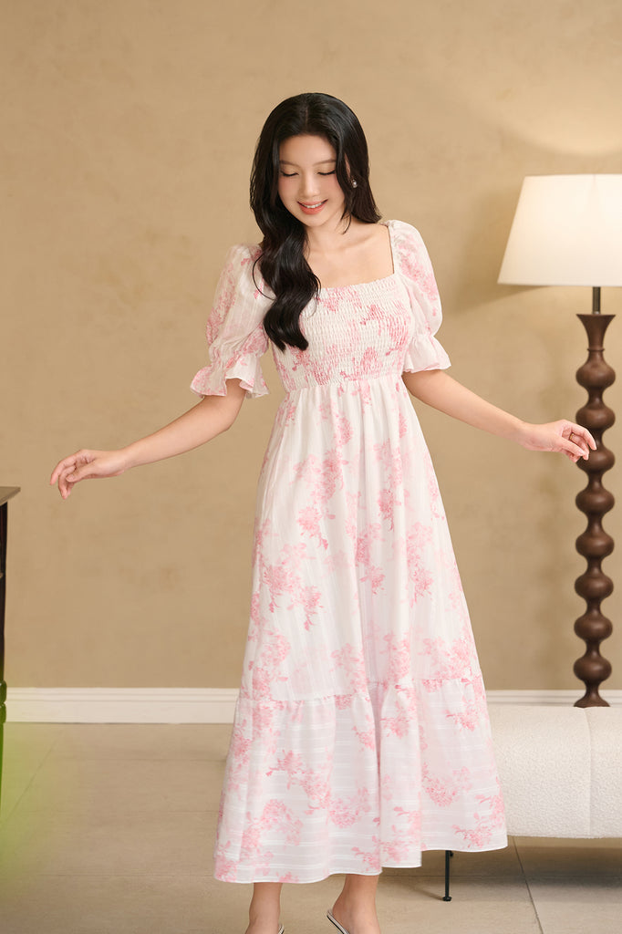 Fleur de Brume Lattice Smocked Dress - Pink [XS/S/M/L/XL/2XL/3XL]