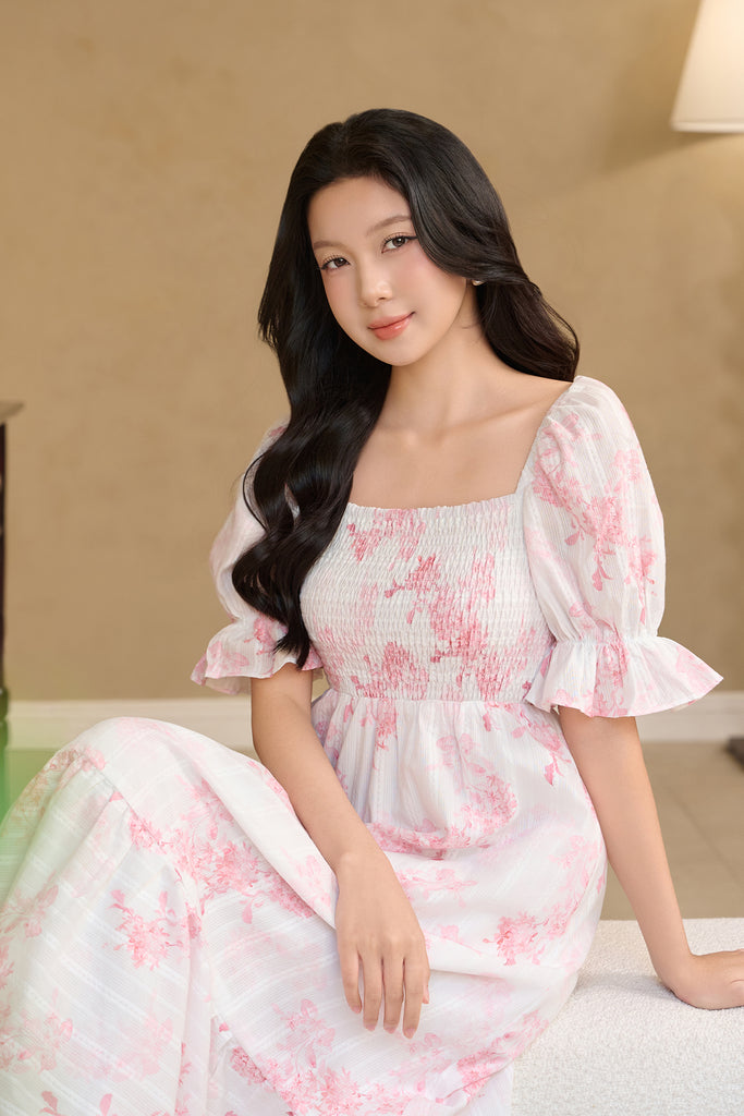 Fleur de Brume Lattice Smocked Dress - Pink [XS/S/M/L/XL/2XL/3XL]
