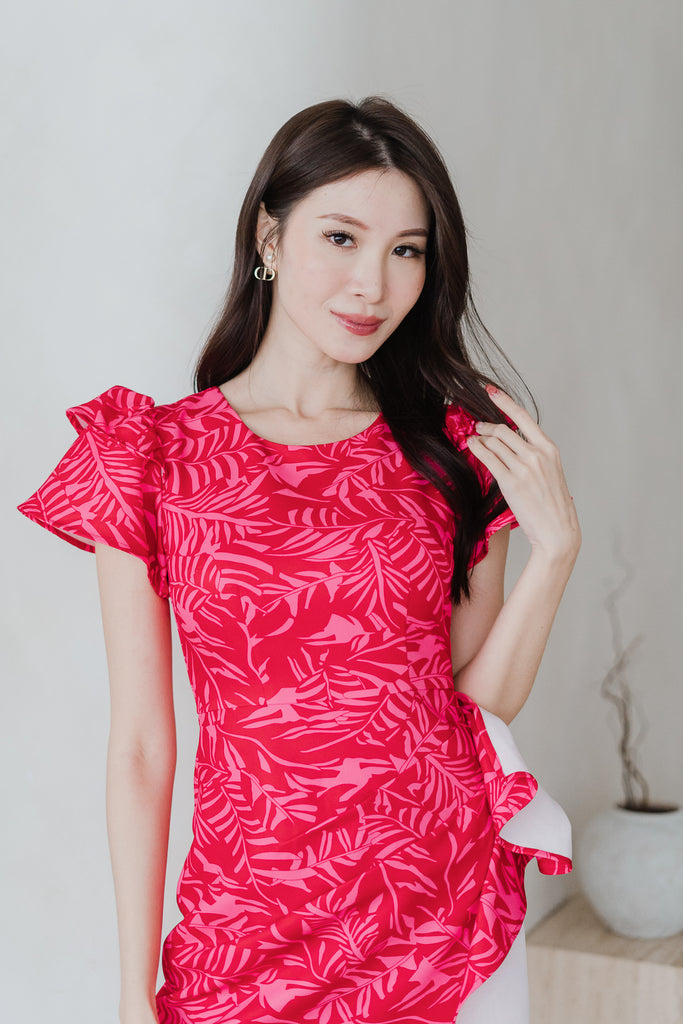Daphne Cap Sleeves Ruffle Slit Dress - Red [XS/S/M/L/XL/XXL]