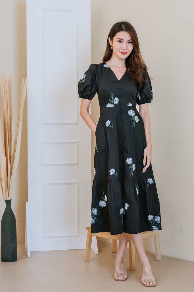 Emma Embroidery Button Maxi Dress - Black [XS/S/M/L/XL/XXL]