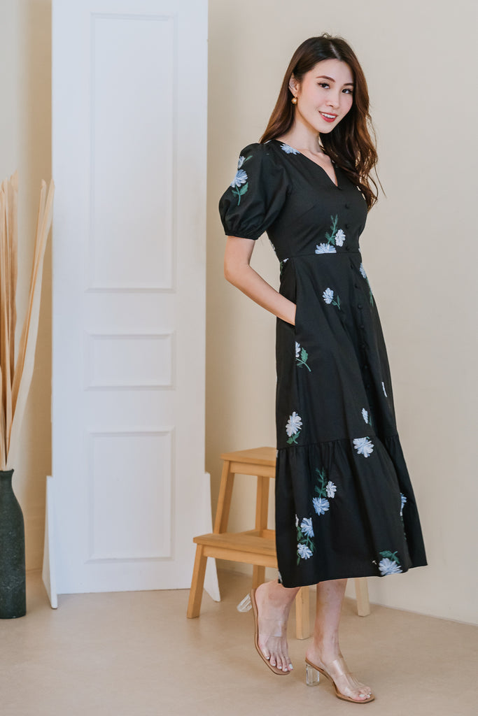 Emma Embroidery Button Maxi Dress - Black [XS/S/M/L/XL/XXL]